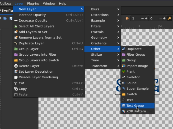 Synfig Studio Layer menu with Text Group option